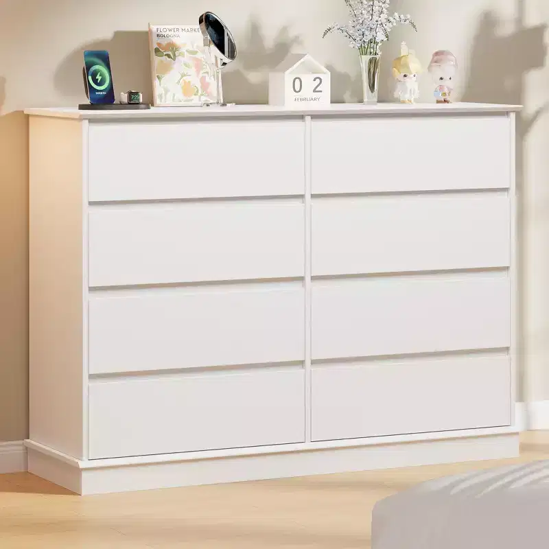 8 Drawer Double Dresser, Modern Wide Wooden Chest, Anti-Tip Device, Large Clothing Storage Cabinet, for Living Room, Entryway