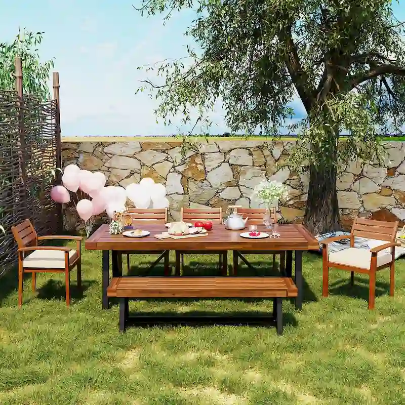 Roomfitters GO Outdoor Wood Dining Set For 7-8 Person, Outdoor Dining Furniture With Removable Cushions