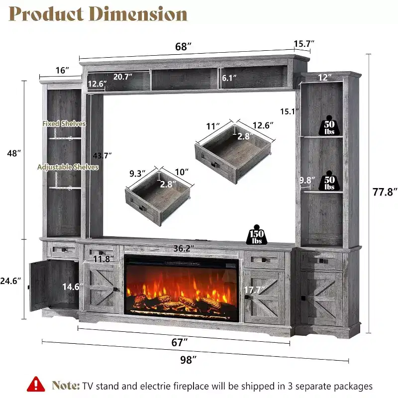 AMERLIFE Farmhouse Entertainment Center with Fireplace