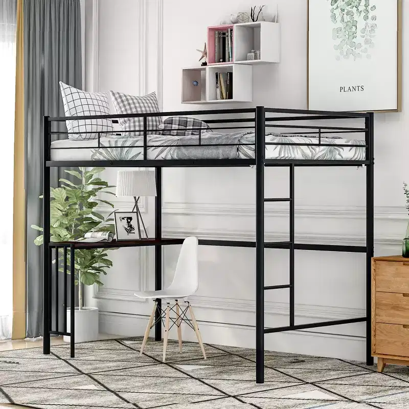 Twin Size Metal Loft Bed with Built-in Desk, Ladder & Guardrails – 78.1