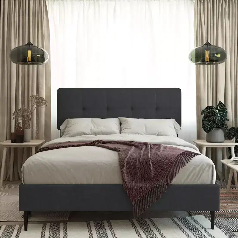 Linen Upholstered Platform Bed with Adjustable Headboard