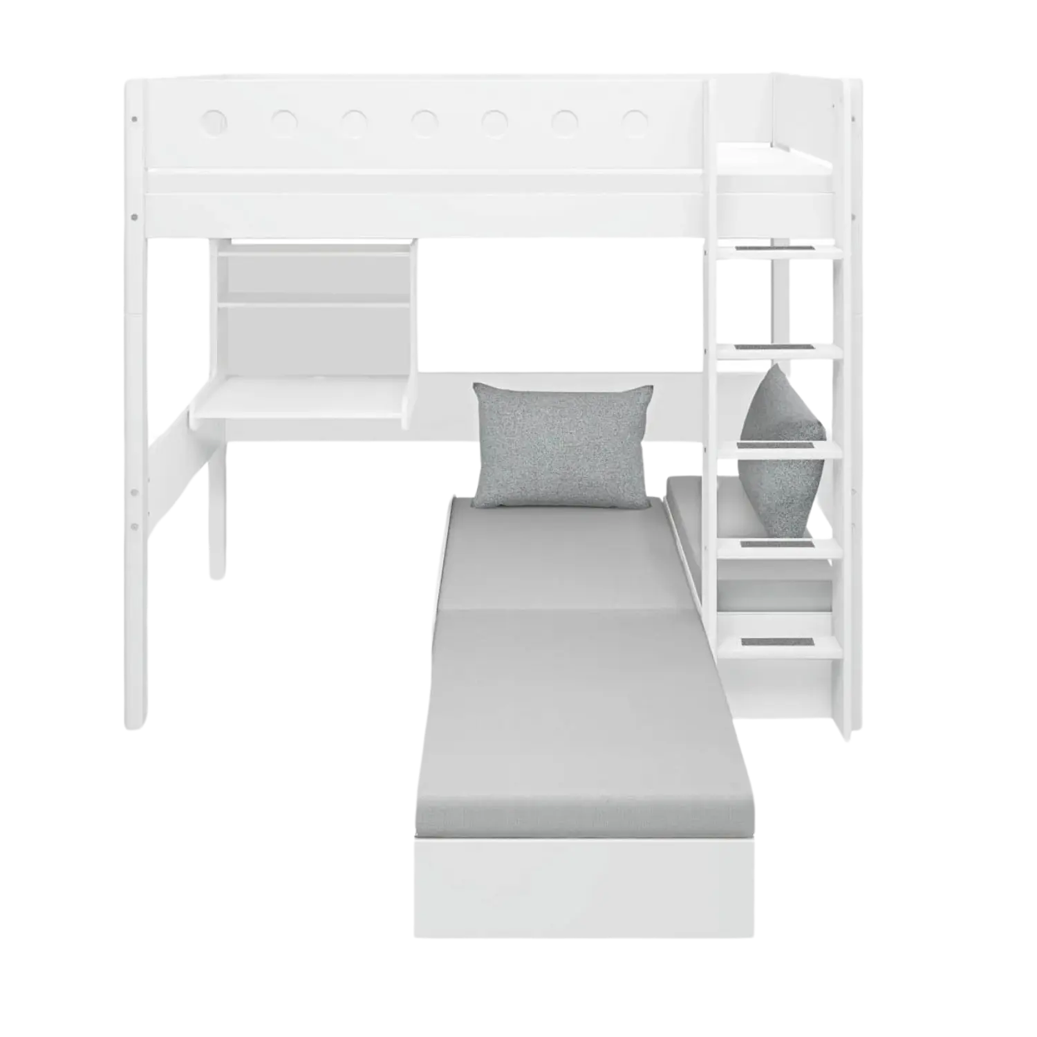 High Bed 184 cm with Desk, Sofa, Ladder and Safety Rail, 90x200 cm, White