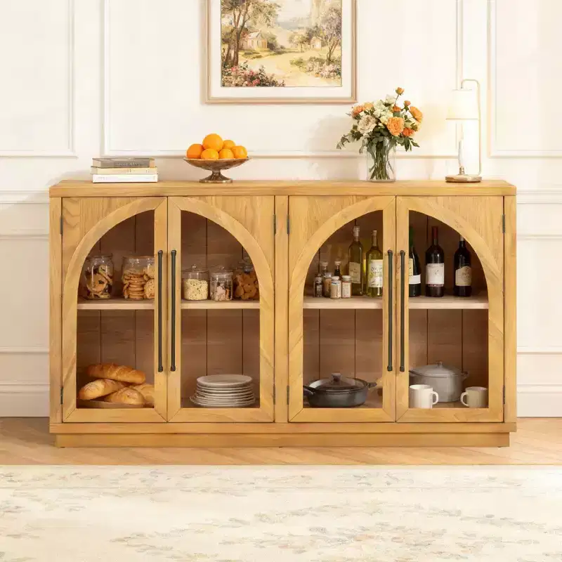 Luxystar 4-Door Sideboard Buffet Cabinet with Large Storage, Glass Doors and Adjustable Shelves for Dining and Living Room, Natural Wood