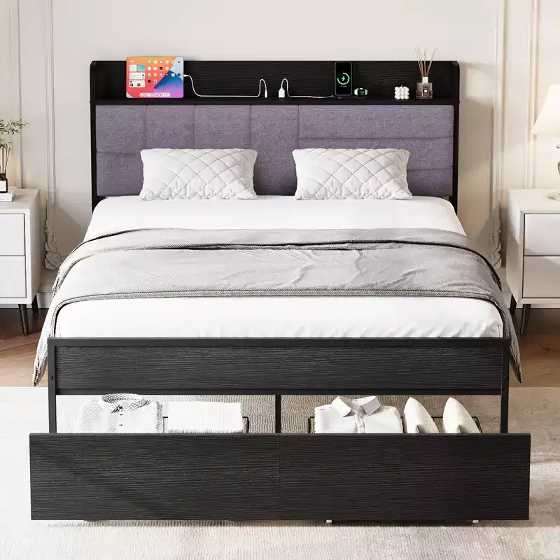Gray upholstered headboard bed frame with storage shelves, black bed frame with charging station, no spring mattress required, king size.