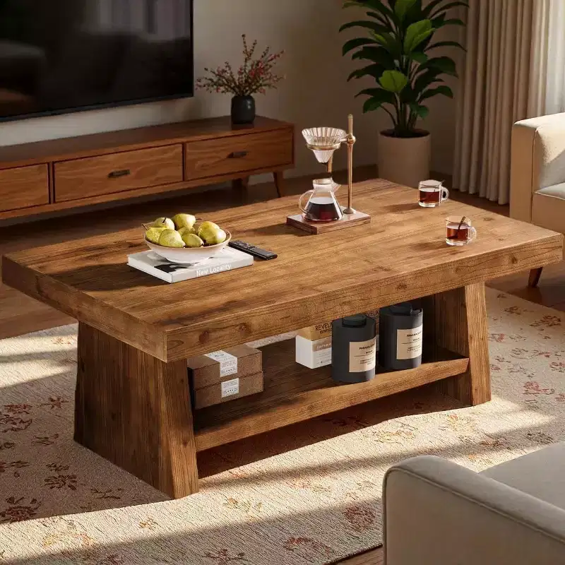 Lantine 2-Tier Solid Wood Coffee Table, 47-Inch Farmhouse Center Table with Storage for Living Room, Apartment, Home Office, Dark Brown