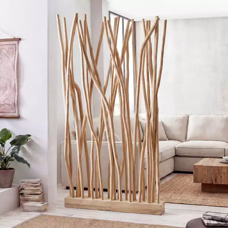 Coastal Bohemian Handcrafted Teak Branch Single Panel Room Divider 39W x 68H
