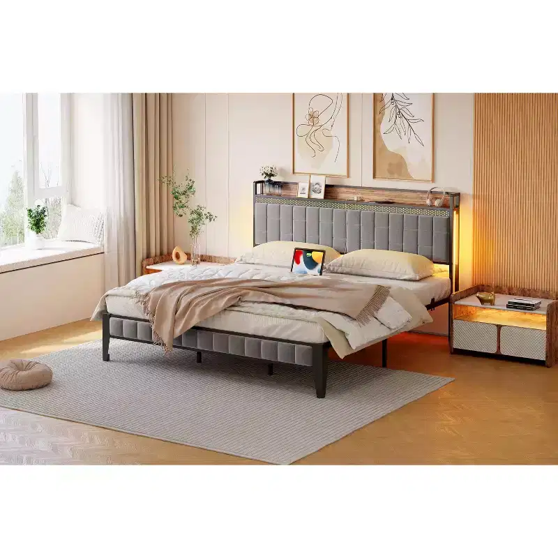 Storage Headboard Bed Frame | LED Lights & Charging Ports | No Box Spring Needed | Metal Frame | Easy Assembly
