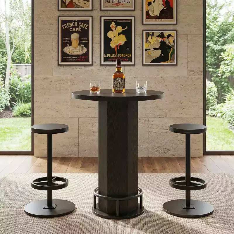 23.62 Round Modern Bistro Table, Rustic MDF Top & Metal Pedestal Base, 37.8 Bar Height Table with Footrest