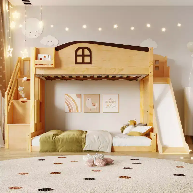 Twin over Full Bunk Bed with Slide and Wardrobe for Kids, Space Saving Wood Bunk Bed Frame with Storage Staircase & Open Shelf