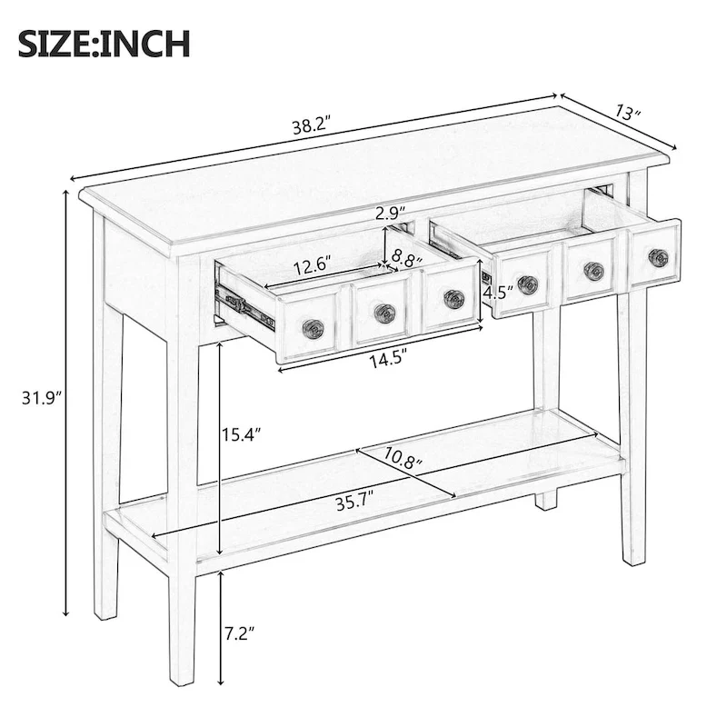 38.2 Rustic Console Table with Open Shelf and Three Drawers, Rubber Wood Legs