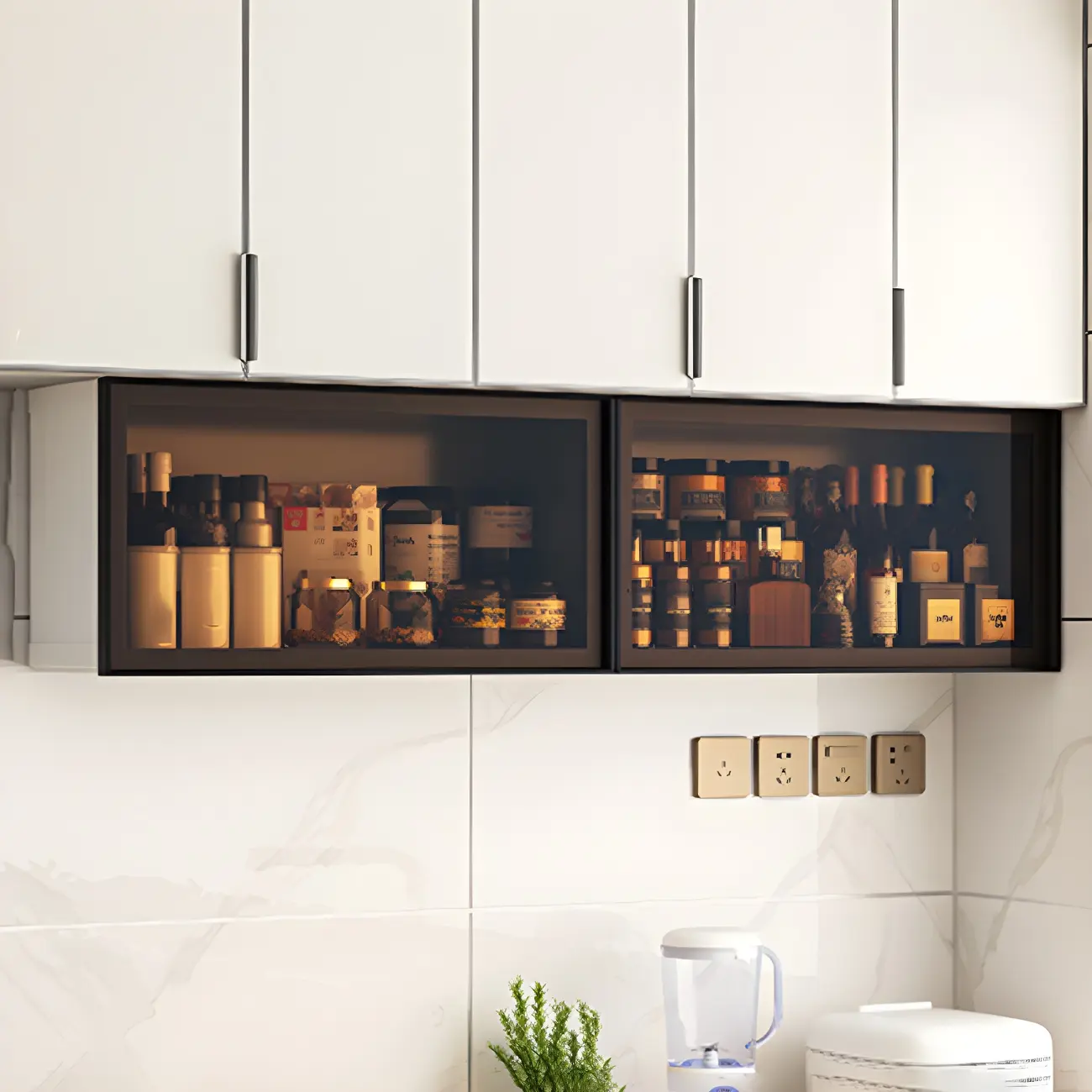 Grey Metal Floating Mounted Glass Kitchen China Cabinet