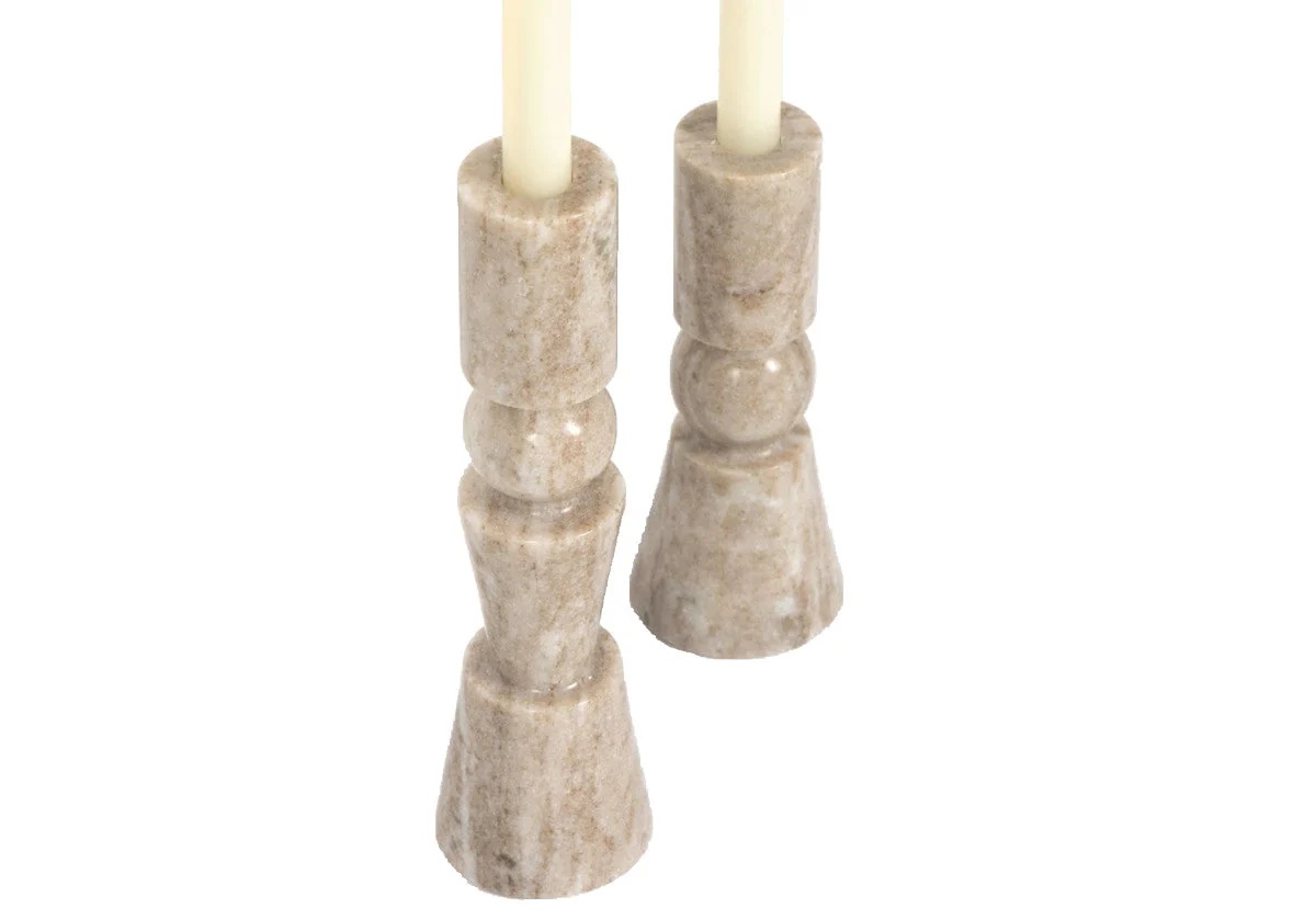 Classical Marble Taper Candlestick with Geometric Pattern in Creamy Taupe for Dining Room & Living Room