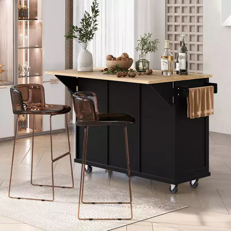 Okak Modrn Kitchen Island with Drop-Leaf Countertop,Rolling Kitchen Cart with Shelves & Drawers,Storage Cabinet Folding Dining Table