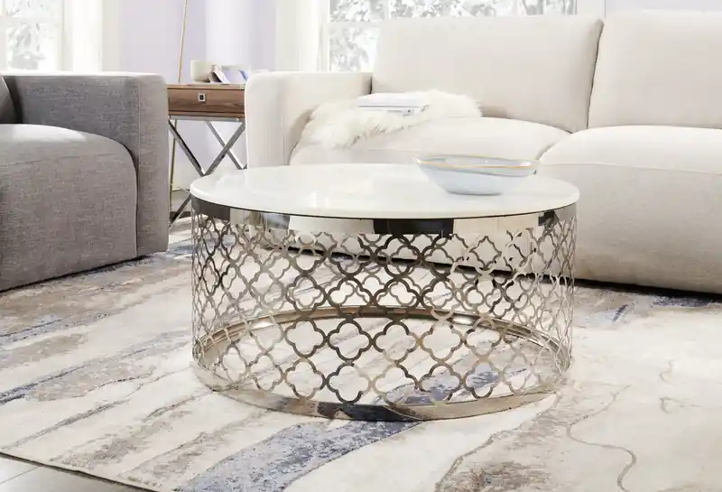 36 Glam Round Sofa Table - White Marble Top with Stainless Steel Base