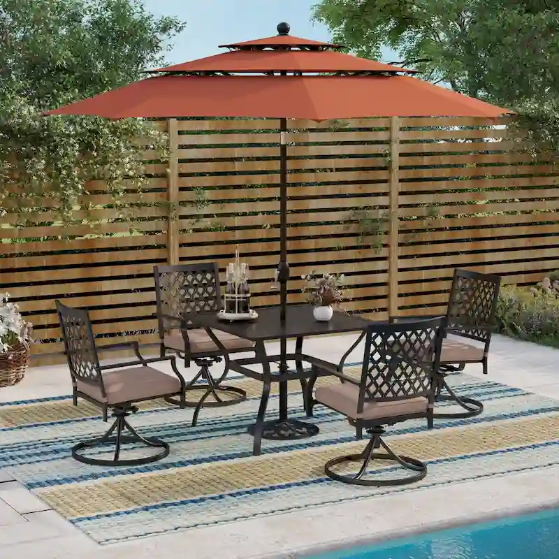MAISON ARTS 6-Piece Metal Patio Dining Set: 4 Swivel Chairs, 1 Steel Frame Square 37 Table and 1x10ft 3-Tier Red Umbrella