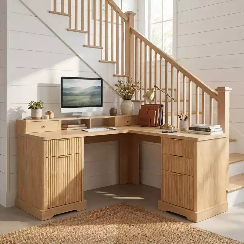59 Executive Desk, L-Shaped Home Office Desk with Charging Station, Wooden Computer Writing Desk for Study, Conference Table for Living Room
