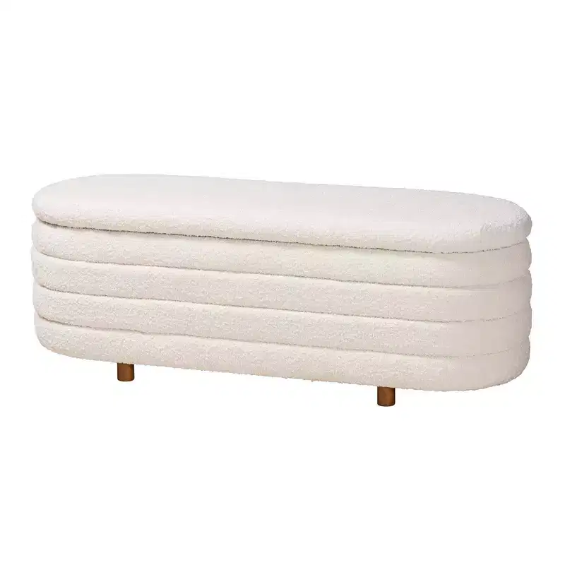 Lift-Top Storage Bench Boucle Cream/Walnut Brown