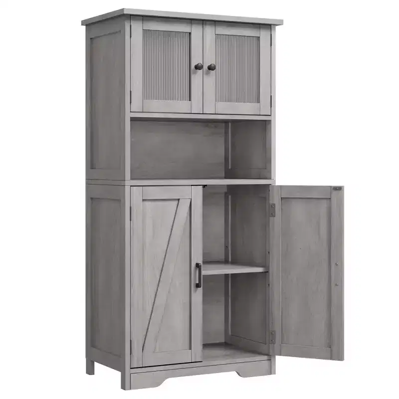 Tall Bathroom Cabinet with 4 Doors and Adjustable Shelves, 50 Freestanding Bathroom Storage Cabinet Farmhouse Cupboard for Kitchen, Living Room