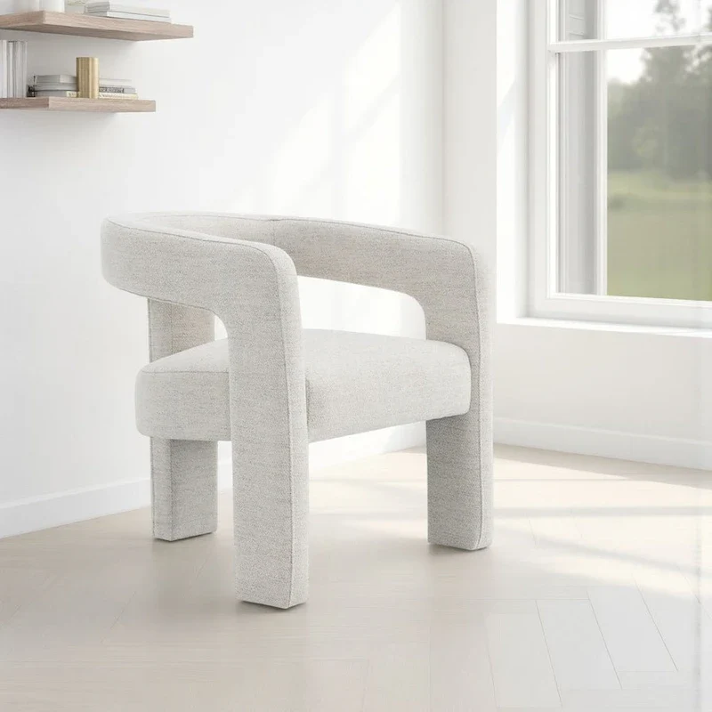 Side Dining Chair, Textured Off White Boucle, Curved Back