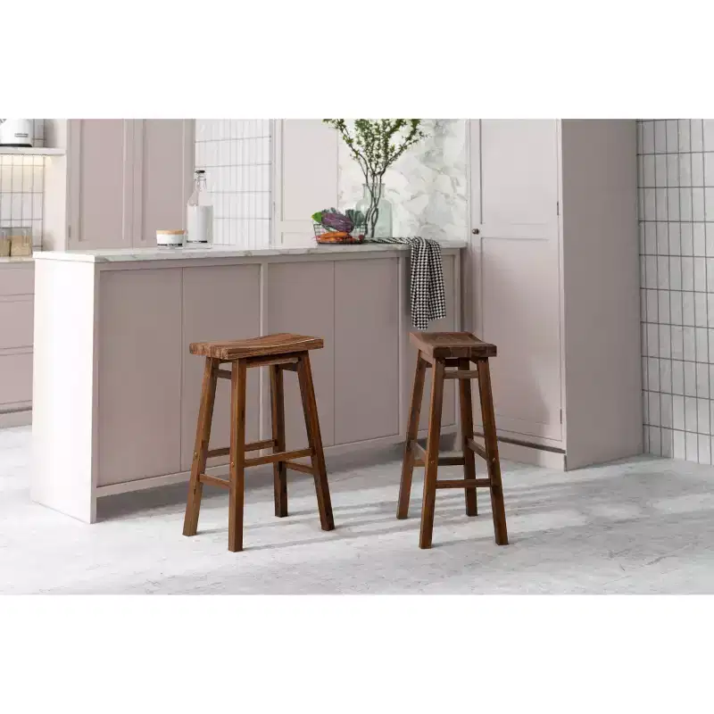 Set of 2 29 Wire-Brush Finish Backless Saddle Barstools Chestnut - Boraam: Solid Acacia, Footrests