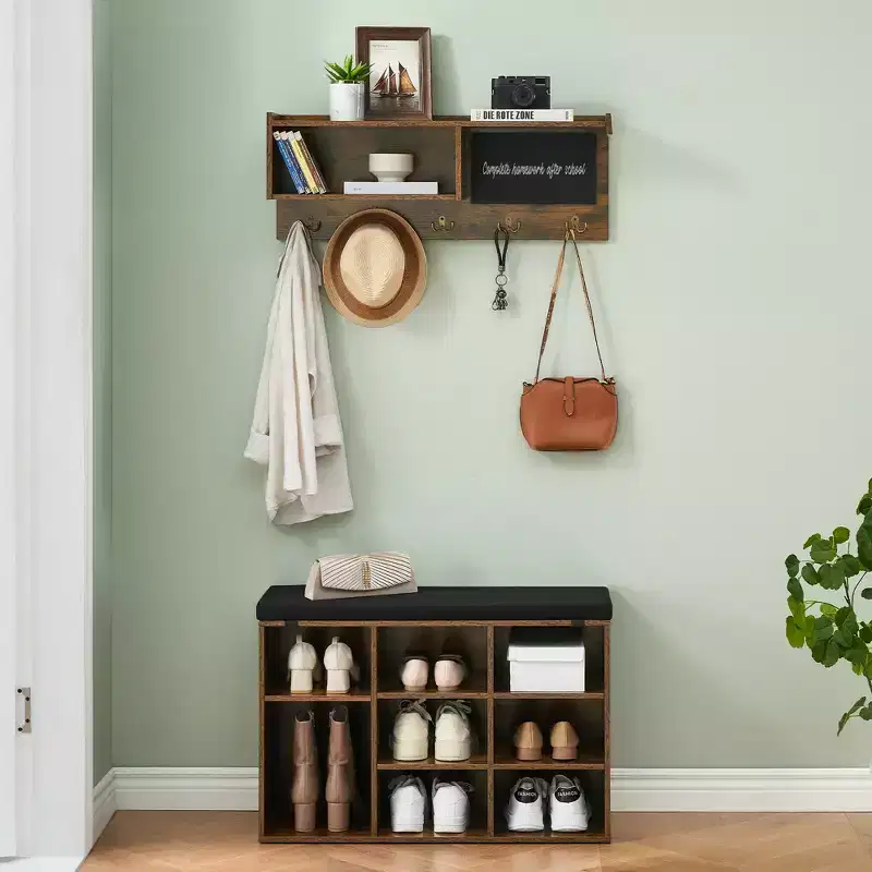 Versatile Entryway Storage Bench with Shoe Rack, Coat Hooks & Blackboard, Hall Tree Organizer for Hallway, Mudroom, Living Room