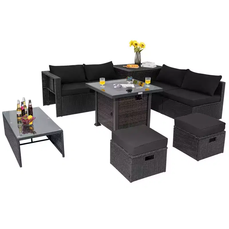 Costway 9 PCS Patio Furniture Set with 32 Fire Pit Table 50,000 BTU Square Propane Fire Pit Black/Grey/Navy/Red/Turquoise/White