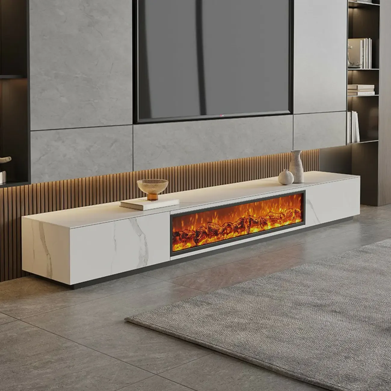87 Rectangle Black Electric Fireplace Stone TV Stand with Light