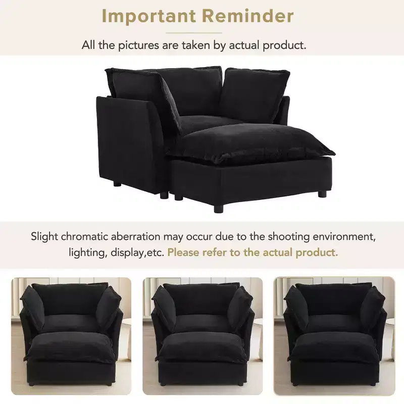 Chenille Armchair with Movable Ottoman, Wide Seat & Curved Armrests