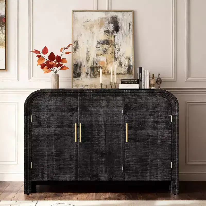 Hostack Curved Sideboard Cabinet with Gold Handles and Adjustable Organizers for Living Room, Antique Black