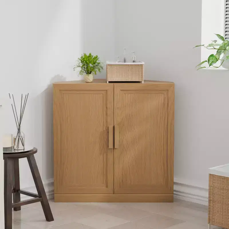 MAYEERTY Modern Solid Wood Double Doors Corner Storage Cabinet Efficient Storage for Home Cornei Libing Room Beige