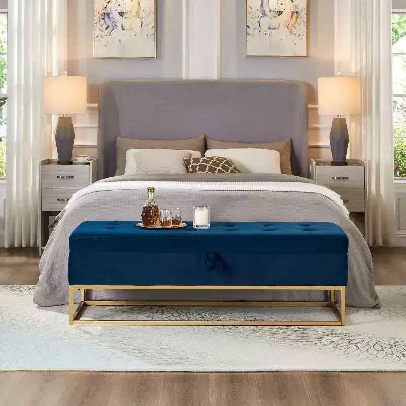 58.6 Storage Bed Bench, Upholstered Bench with Metal Base for Bedroom Living Room Hallway Blue