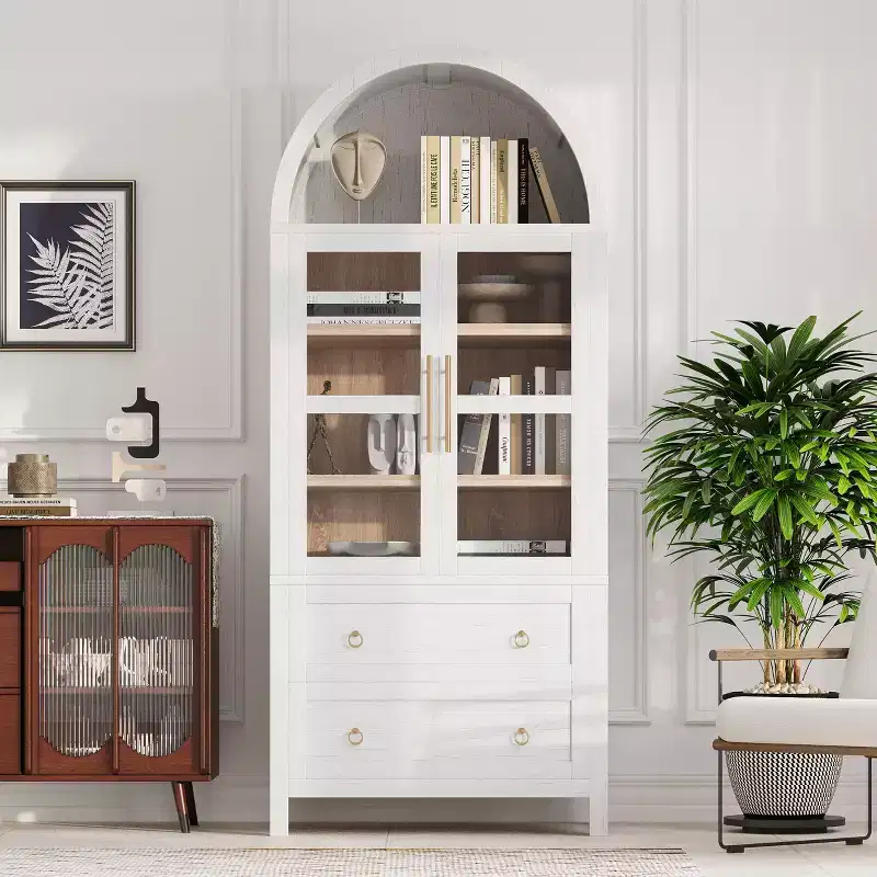Okak 71 Wood Arched Kitchen Pantry Cabinet with 2 Drawers, Kitchen Storage Cabinets with Glass Door, Tall Cupboard for Kitchen/Dining Room