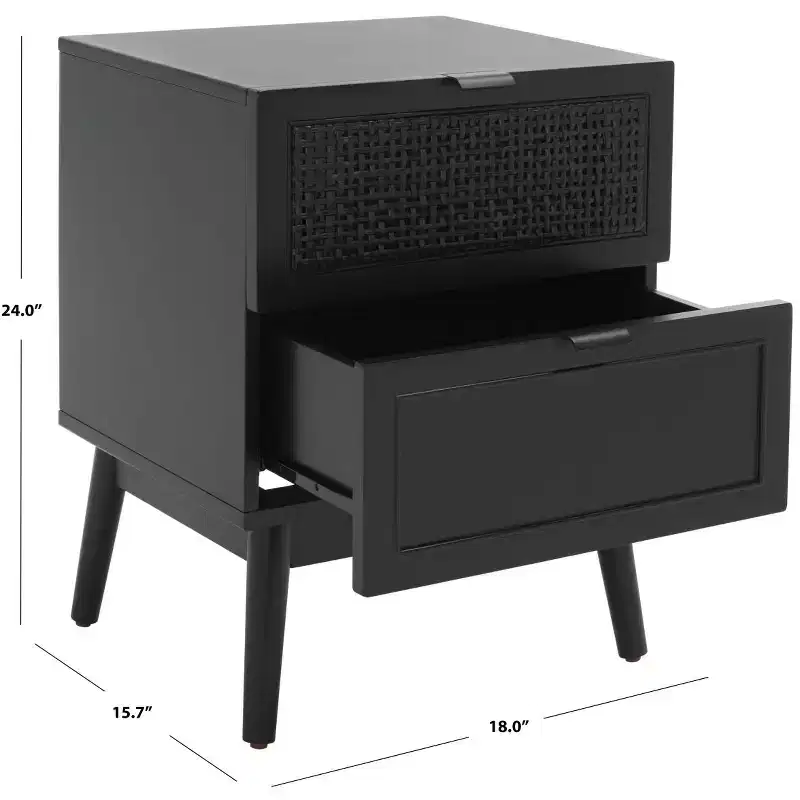 2-Drawer Rattan Nightstand with Splayed Legs, Mid-Century Coastal Bedroom Table