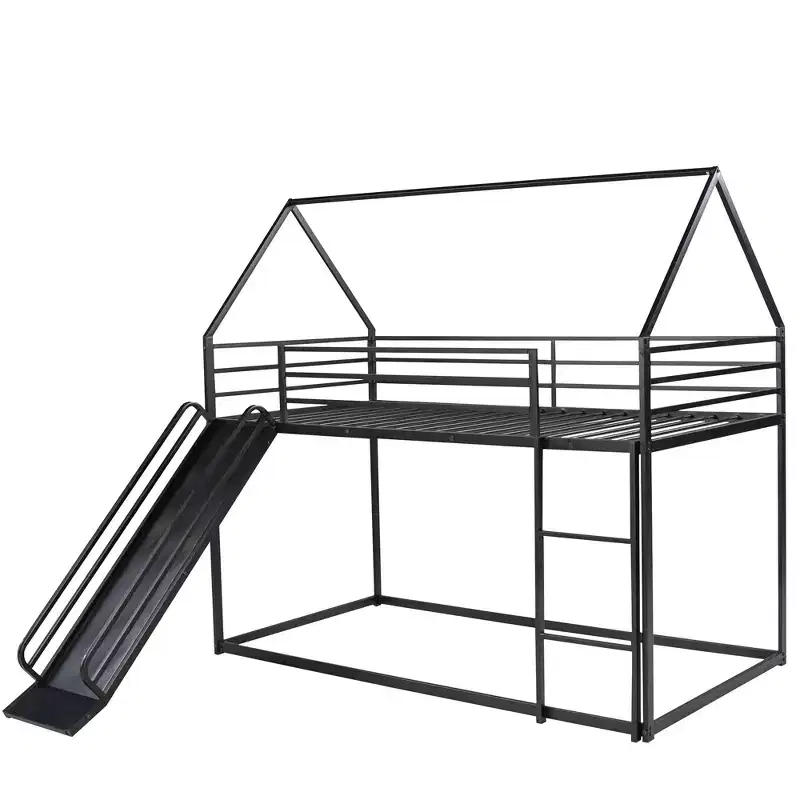 Twin over Twin Metal House Bunk Bed with Convertible Slide and Ladder