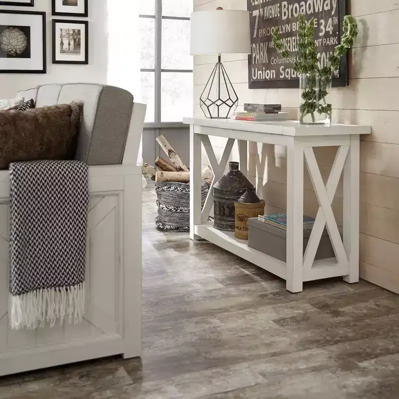 Off White Console Table with Open Shelf - Rustic Farmhouse Style