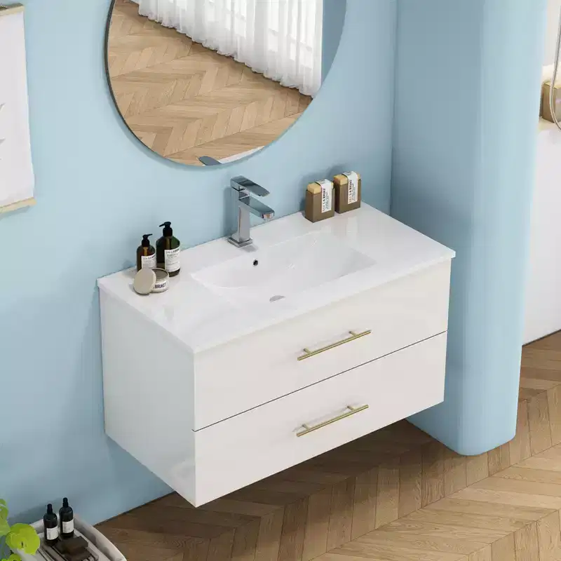 Bathroom Vanity Wall-Mounted with Sink, Double Drawers, Ceramic Sink, Long Metal Handle, Easy to Install