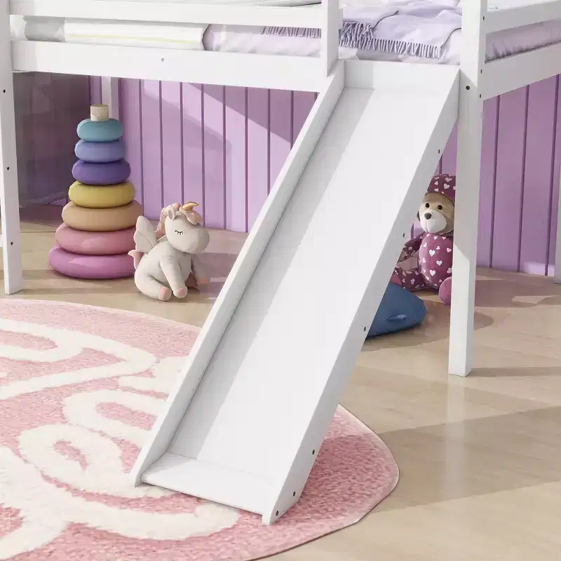 Twin Low Loft Bed with Slide, Ladder & Safety Guardrails, Solid Wood, White