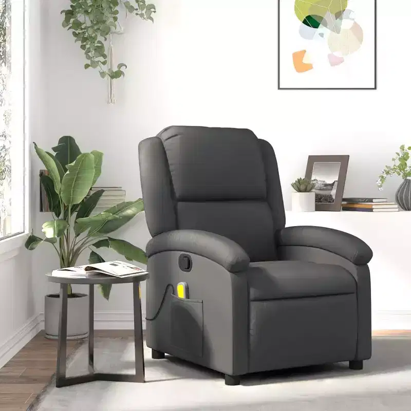 vidaXL Massage Recliner Chair - Real Leather, Gray - Manual Recliner with 6-Point Vibration Massage, USB Powered