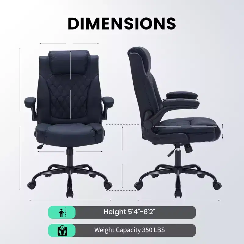 Heavy Duty Ergonomic Office Chair – 350 lbs, PU Leather, Lumbar Support & Flip-Up Arms