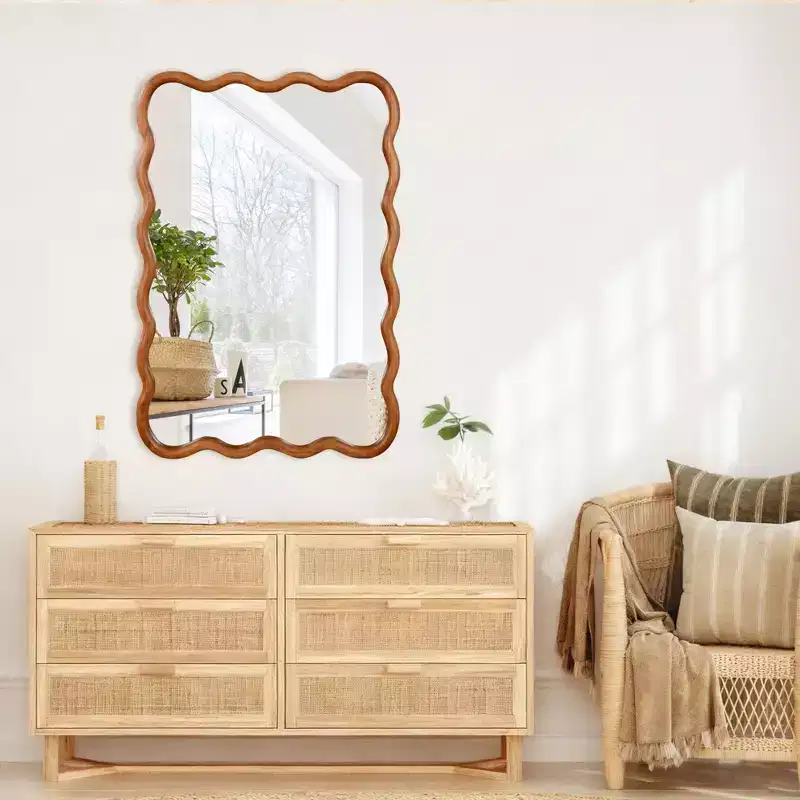 24 x 36 Wavy Rectangle Solid Wood Frame Decorative Mirror, Modern Farmhouse Wall Mirror For Bedroom Bathroom Living Room Entryway, Brown
