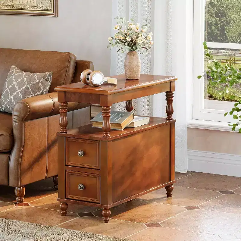 Lantine Walnut Wood End Table: Mid-Century, 2 Drawers, Storage Shelf, Slim, Accent Table for Living Room, Easy to Assemble