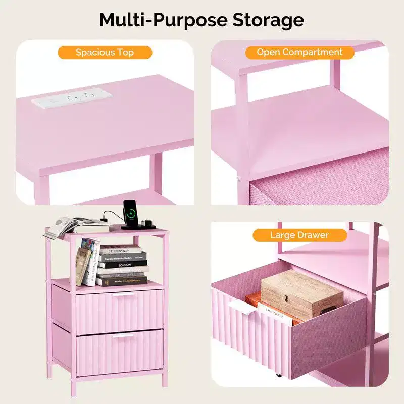 Karl Home 15 Inches Wide Nightstand - 2 Drawers, 1 Shelf, US Power Outlet - set of 2