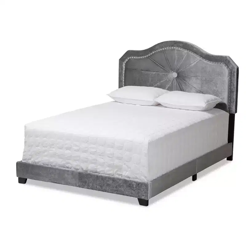 Queen Embla Velvet Fabric Upholstered Bed Gray - Baxton Studio: Modern Tufted Design, Glossy Finish, Foam Fill, MDF Frame