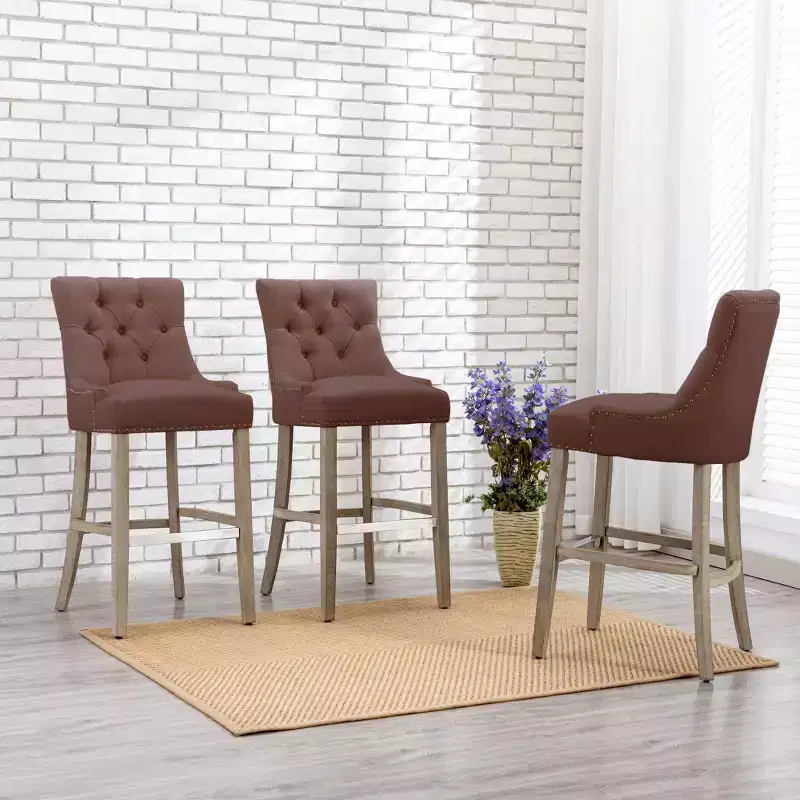 WestinTrends 29 Linen Tufted Buttons Upholstered Wingback Bar Stool (Set of 3), Brown
