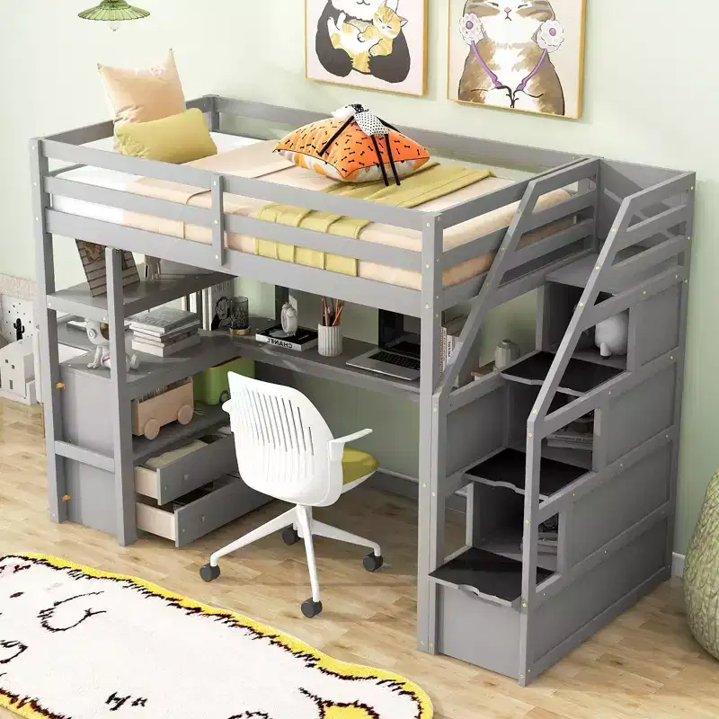 Okak Full/Twin Size Solid Wood Bunk Bed with 2 Built-in Drawers & Storage Staircase Loft Bunk Bed with Desk & Shelves for Kids Teens, Easy Assemble