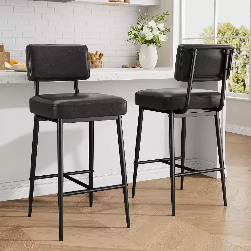 Bar Stools Set of 2, 26 Faux Leather Counter Height Bar Stool with Back, Metal Legs, Modern Upholstered Barstool Chairs