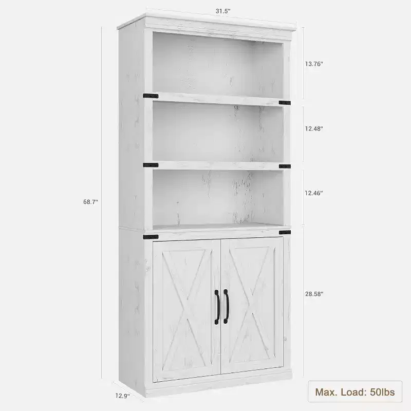 Farmhouse Bookcase with Doors, 5 Tier Book Shelf with Cabinet, Wood 68.7 Tall 5 Shelf Book Case for Living Room, Home Office,Bedroom