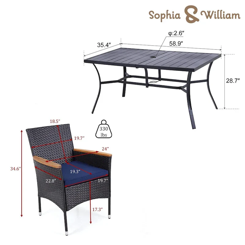 7 Pieces PE Rattan Patio Dining Sets, Modern Wicker Conversation Armhairs with Cushions and 2.6 Umbrella Hole