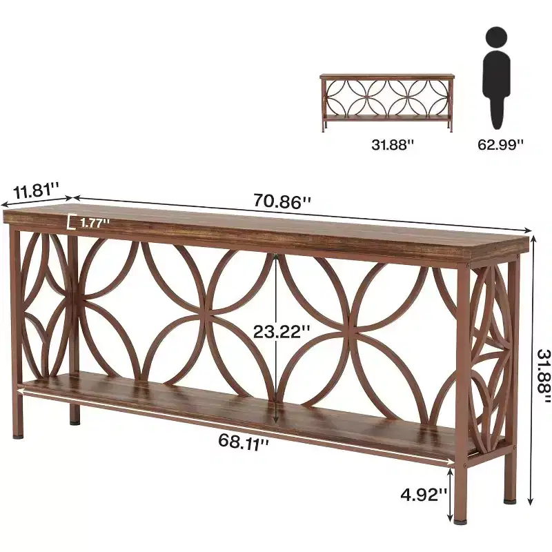 Lantine 70.9-Inch Narrow Sofa Table, 2-Tier Industrial Console Table Behind Couch, Long Entry Tables with Storage for Foyer, Hallway, Glossy Brown