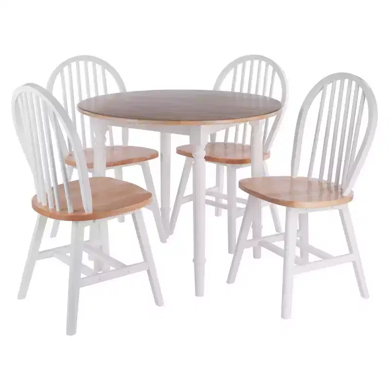 5pc Sorella Dining Table Natural/White: Round Drop Leaf, Solid Wood, 4 Windsor Chairs